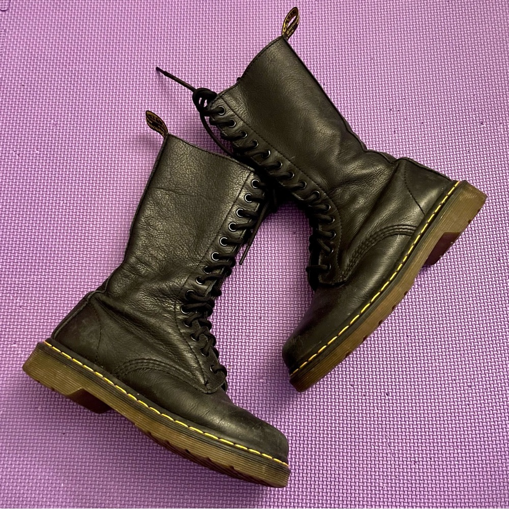 Dr. Martens Black Leather 10-Eye Lace-Up Combat Boots with Yellow Welt Stitching